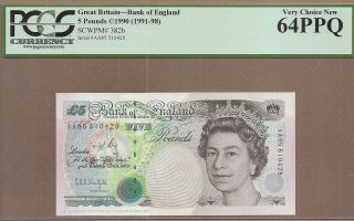 Great Britain: 5 Pounds Banknote,  (unc Pcgs64),  P - 382b,  1991 - 98,