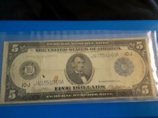 1914 $5 Dollar Large Note Kansas City Missouri Federal Reserve Note Circulated