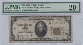 1929 Dallas Federal Reserve $20 Note Ka Pmg Vf 20 Fr 1870 - K