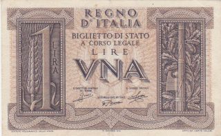1 Lire Fine - Very Fine Banknote From Italy 1939 Pick - 26