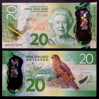 2016 Zealand 20 Dollars Polymer P - 193 Unc Queen Elizabeth Karearea