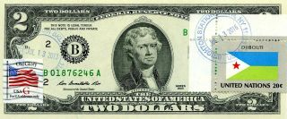 $2 Dollars 2013 Stamp Cancel Flag Un From Djibouti Lucky Money Value $99.  95