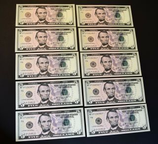 2013 $5 Dollar Bill Consecutive Set Of Ten Uncirculated Notes Us Paper Money