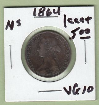 1864 Nova Scotia One Cent Bronze Coin - Vg - 10