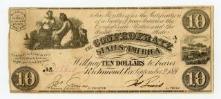 1861 T - 28 $10 The Confederate States Of America Note - Civil War Era