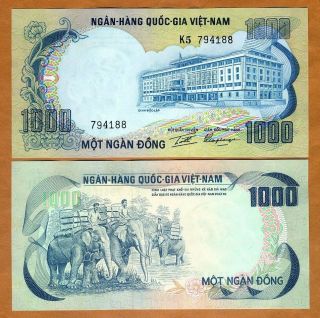 South Vietnam,  1000 Dong,  Nd (1972) P - 34,  Unc Elephants
