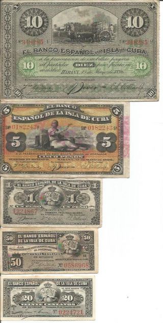 Spain Colonial Set 5 Notes 20 Centavos To 10 Pesos 1896 - 1897.  F - Vf.  4rw 28nov