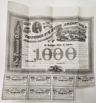 1863 $1000 Confederate States Of America Bond,  W/ 7 $40 Coupons,  Cr125 Crisp Xf