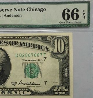 1950b $10 Chicago Frn,  Pmg Gem Uncirculated 66 Epq Banknote,  G/f Block,  Fancy Sn