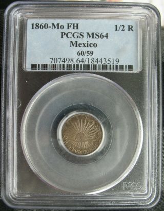 1860 - Mo Fh Mexico Silver 1/2 Real Pcgs Ms - 64
