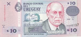 10 Pesos Unc Crispy Banknote From Uruguay 1998 Pick - 81