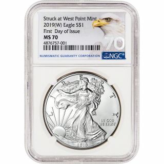 2019 - (w) American Silver Eagle - Ngc Ms70 - First Day Of Issue - Grade 70