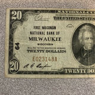 US National Currency $20 First National Bank of Milwaukee Wisconsin Series 1929 2
