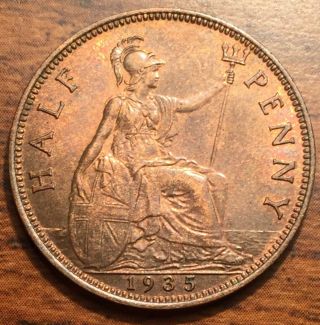 1935 Great Britain 1/2 Half Penny King George V Coin Uncirculated,  Red