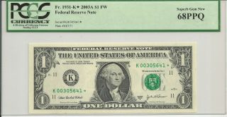 2003 - A $1 Dallas Federal Reserve Star Note.  Pcgs Currency Gem 68 Ppq.