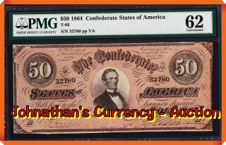 Jc&c - T - 66 1864 $50 Confederate States Of America - Uncirculated 62 By Pmg