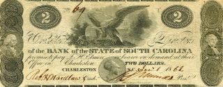 1862 Bank Of The State Of South Carolina $2 Note Portraits Washington & Frankli