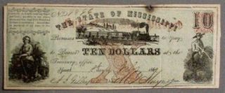Decent 1862 State Of Mississippi $10 Obsolete Note