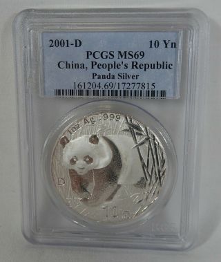 2001 D Silver China Panda 10 Yuan Pcgs Ms69 815