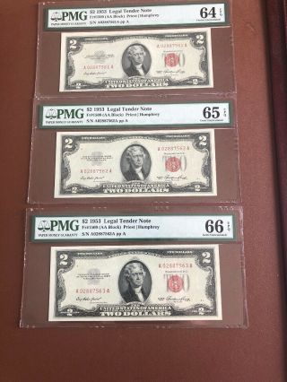 3 Consecutive 1953 $2 Two Dollar Bill Red Seal • Pmg Fr 1509 Pmg 64,  65,  66