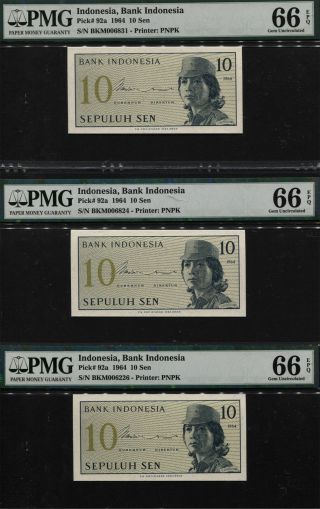 Tt Pk 92a 1964 Indonesia 10 Sen Pmg 66 Epq Set Of Three Surviving 0ver 50 Years