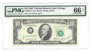 1985 $10 Chicago Frn,  Pmg Gem Uncirculated 66 Epq Banknote,  S/n,  1 Of 2