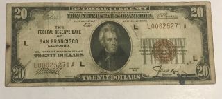 1929 $20 Federal Reserve Bank Of San Francisco,  Ca National Currency