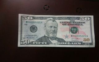 Fancy Low Serial Number $50 Us Note 2013 Mh00005225