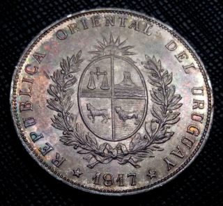 1917 Uruguay 1 Peso Artigas - Km 23 - Grade - Rainbow Toned Silver Coin