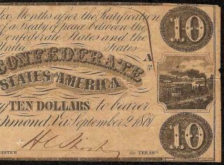 1861 $10 Dollar Confederate States Currency Civil War Note Old Paper Money T - 28
