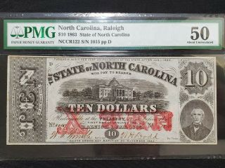 1863 North Carolina State Bank Note $10 Ten Dollars Pmg 50