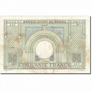 [ 267421] Morocco,  50 Francs,  1936 - 1938,  1947 - 10 - 28,  Km:21,  Vf (20 - 25)