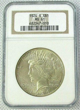 1924 S Peace Silver Dollar $1 United States Coin Ngc Graded Ms 61