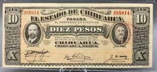 1915 Mexico Paper Money 10 Diez Pesos Banco Estado Chihuahua Gem Crisp Note Rare