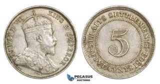 Zm765,  Straits Settlements,  Edward Vii,  5 Cents 1903,  Silver,  Unc (minor Scratch