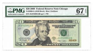 2009 $20 Chicago Frn,  Pmg Gem Uncirculated 67 Epq Banknote