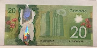 Very Low Serial Number On 2012 Canadian $20 Banknote
