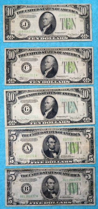 1934 $5 & $10 Frn Federal Reserve Note 5 Notes