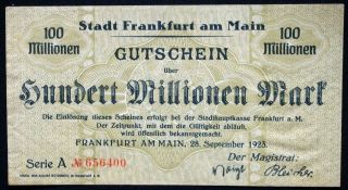 Frankfurt 1923 100 Million Mk Series A Inflation Notgeld German Banknote 656400