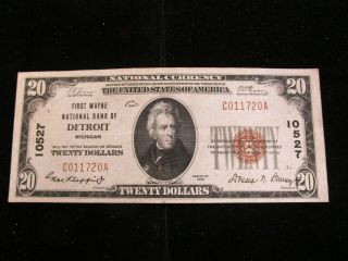 1929 United States $20 National Currency First Wayne Nb Of Detroit Michigan