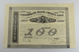 Authentic - 1863 Confederate States - Civil War $100 Bond Certificate 629