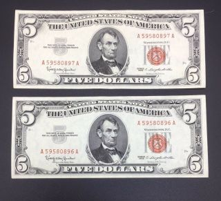 2 Consecutive Set 1963 Five $5 Dollar Red Seal Notes Crisp Uncirculated