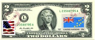 $2 Dollars 2013 Stamp Cancel Flag Of Un From Tuvalu Lucky Money Value $99.  95