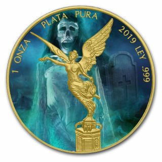 2019 1 Oz Silver Mexican Libertad La Llorona Coin With 24k Gold Gilded.