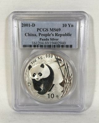 2001 D Silver China Panda 10 Yuan Pcgs Ms69 940