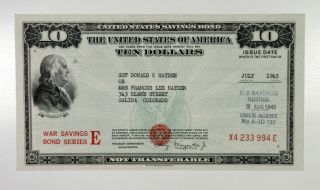 U.  S.  Savings Bond,  1945 $10 War Savings Bond Series E,  Au - Unc.  Franklin Left