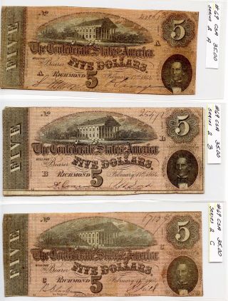 T - 69 1864 Csa Confederate States Of America $5 Five Dollar Note Richmond A B & C