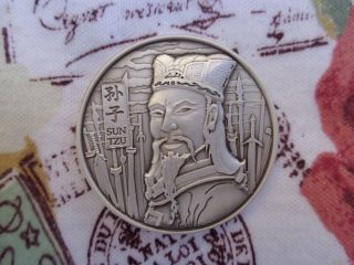 2 Oz.  Sun Tzu " The Art Of War " Antiqued Silver Round.  999 Fine Silver