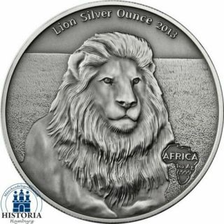 1 Oz.  999 Fine Silver Lion - 2013 Gabon 1000 Francs Antique Finish
