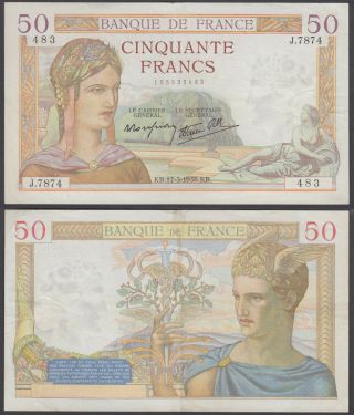 France 50 Francs 1938 (vf, ) Banknote Km 85 No Holes